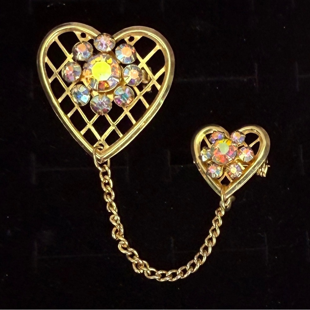Vintage Goldtone double Heart Chain Brooch with Crystal Accents